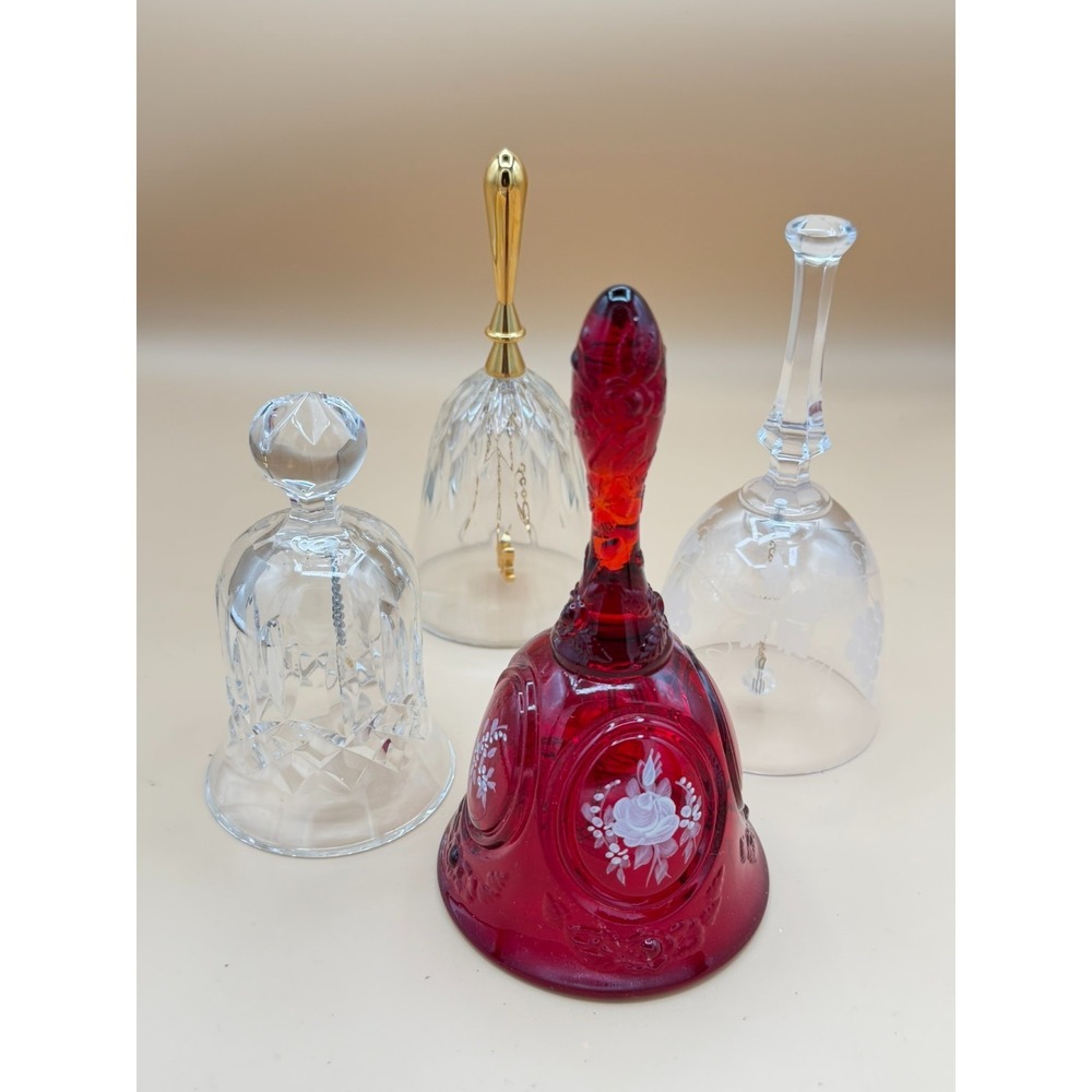 Vintage Glass Bell Lot of 4 Fenton Ruby Hand Painted Crystal Anniversary Bells